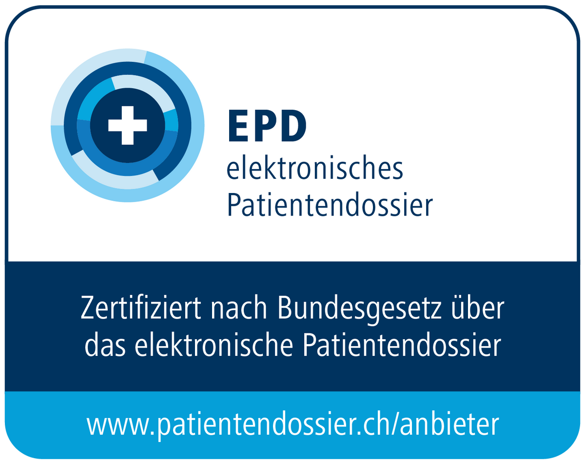 Das Zertifizierungszeichen enthält das EPD-Logo, den Satz „zertifiziert nach Bundesgesetz über das elektronische Patientendossier" und einen URL-Link zur Liste der zertifizierten EPD-Anbieter, www.patientendossier.ch/anbieter