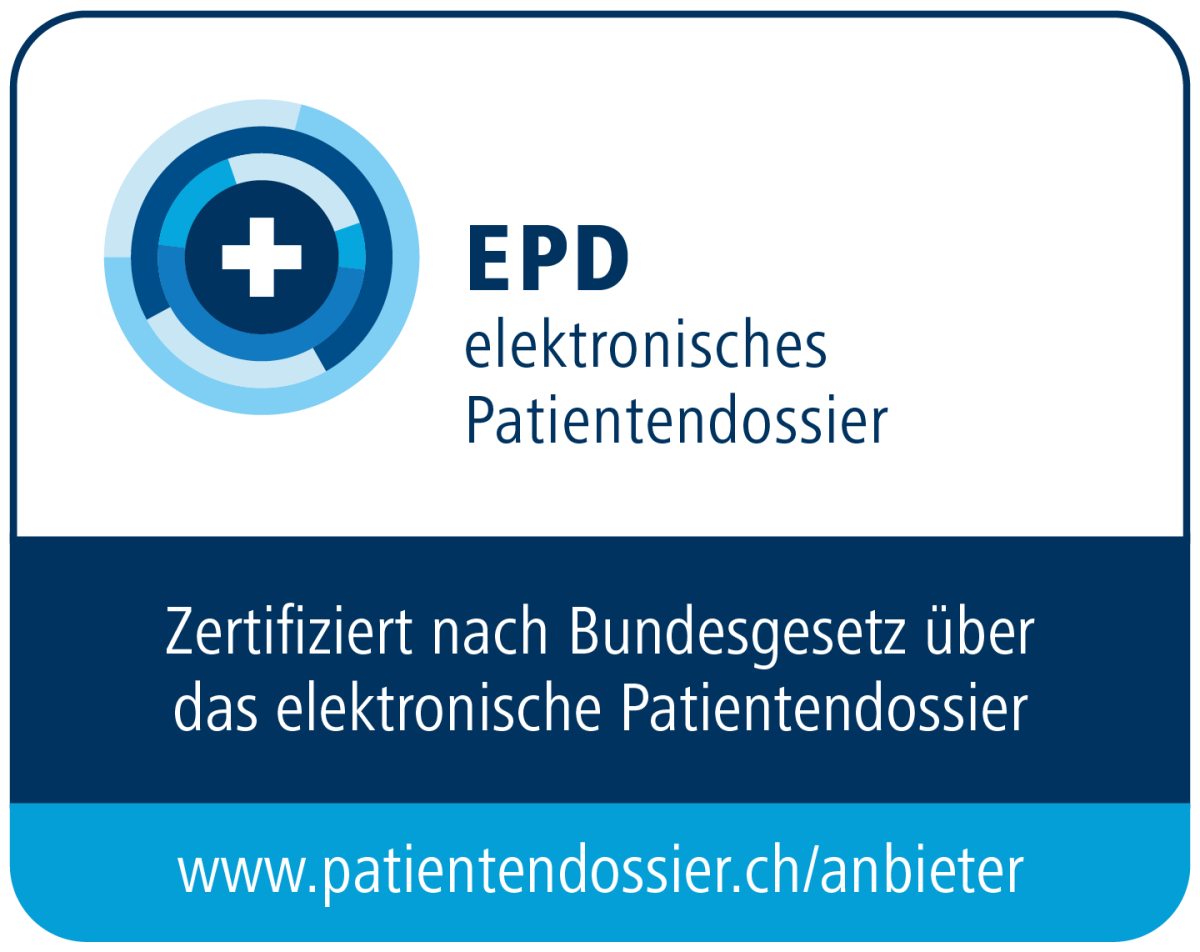 Zertifizierungszeichen des EPD: Das Zertifizierungszeichen enthält das EPD-Logo, den Satz „zertifiziert nach Bundesgesetz über das elektronische Patientendossier" und einen URL-Link zur Liste der zertifizierten EPD-Anbieter, www.patientendossier.ch/anbieter.